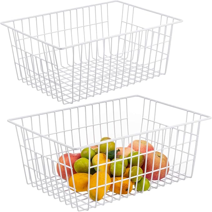 iPEGTOP Wire Storage Freezer Baskets, Set of 2 13.4" Household Organizer Storage Bins Fridge Basket Rack with Handles for Kitchen Cabinets, Pantry, Office, Bathroom Organization - White - Image 8