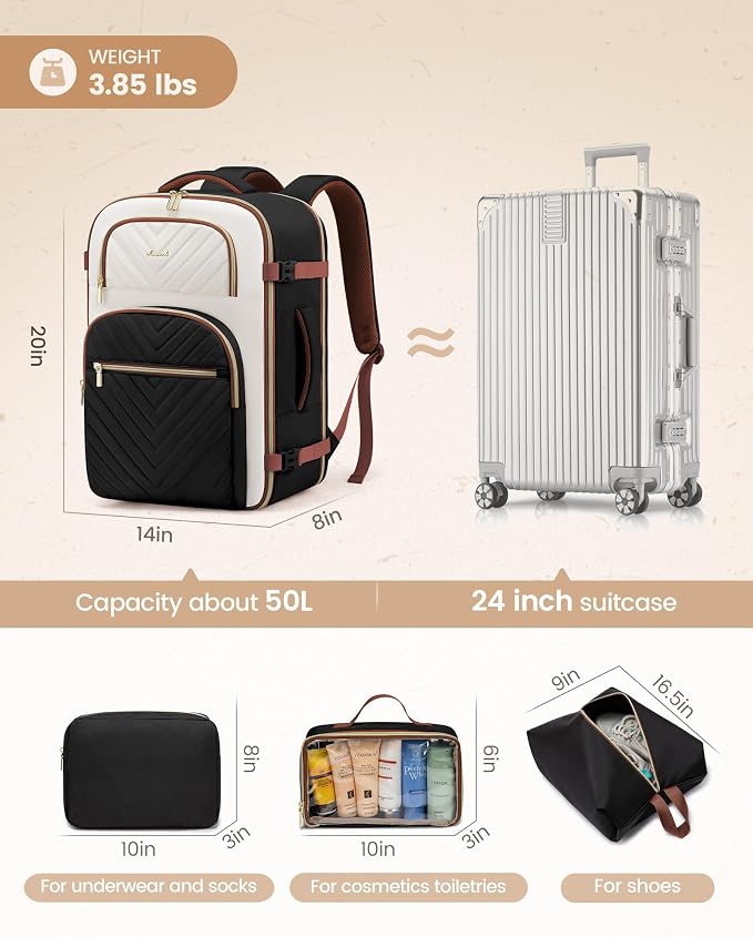 LOVEVOOK Travel Backpack Carry on Flight Approved 50L,Waterproof TSA Travel Essentials Personal Item Backpack for Women Men,Large Carry on Luggage Suitcase Travel Bag for Airplane with 3 Packing Cubes - Image 6