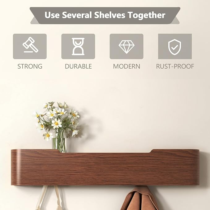 Wall Mounted Coat Rack with Shelf, Wooden Entryway Organizer with Hidden Metal Hooks for Hanging Coats Bags Keys, Modern Floating Shelf for Hallway Bathroom - Image 8