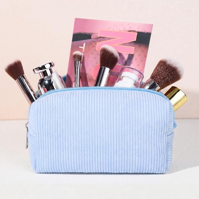 SOIDRAM 2 Pack Corduroy Makeup Bag for Women, Blue Makeup Pouch Small Cosmetic Bag Travel Toiletry Organizer for Skincare, Brushes & Essentials - Image 3