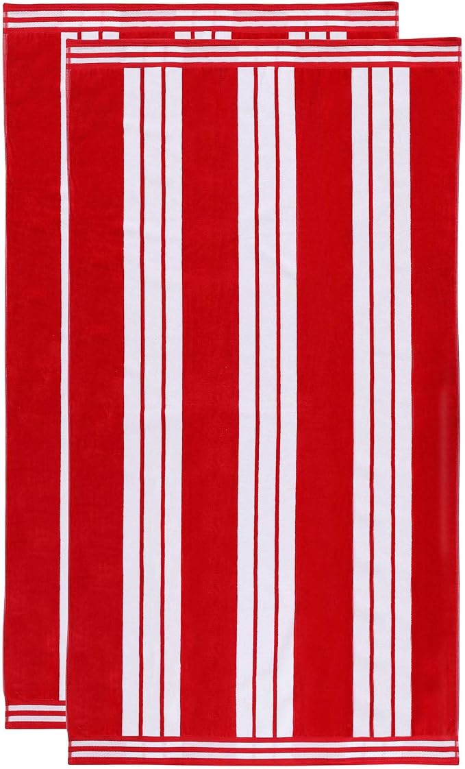 Superior Oversized Cotton Beach Towel Set of 2, Absorbent Towels for Bathroom, Pool, Swim, Adults, Kids, Vacation, Travel, Bath Sheet, Quick Dry Basics, Trip Essentials, Striped Decor, Red - Image 2