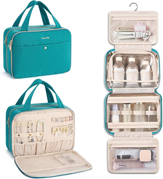 Hanke Hanging Travel Toiletry Bag with Jewelry Organizer, Turquoise Green | Large Capacity, Holds Full-Size Bottles, Water & Stain Resistant, 360° Swivel Hook, Trolley Sleeve, Women's Makeup Organizer by Hanke