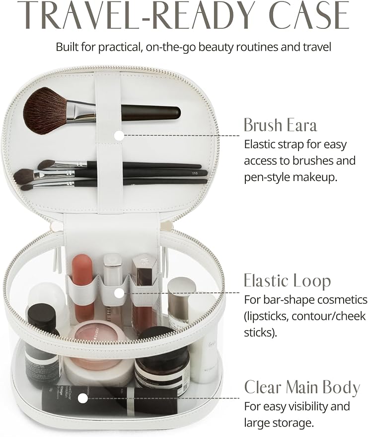 Popvibe Clear Makeup Train Case Vanity Bag Make Up Travel Bag with Brush Holder, Compact Transparent Makeuo Bag for Traveling Leather Cosmetic Case Portable Travel Essentials Toiletry Organizer White - Image 3