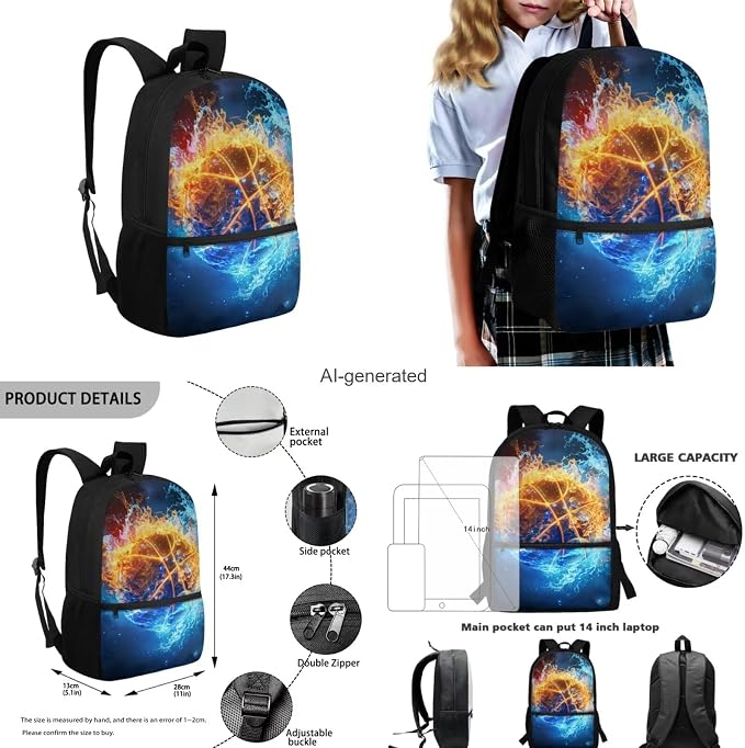 Galaxy Basketball Backpack for Boys Girls Backpack with Lunch Box Water Bottle Carrier and Pencil Pouch 4PCS Set Bookbag with Front Pocket for School 17 inch Large Capacity School Bag for Kids - Image 3