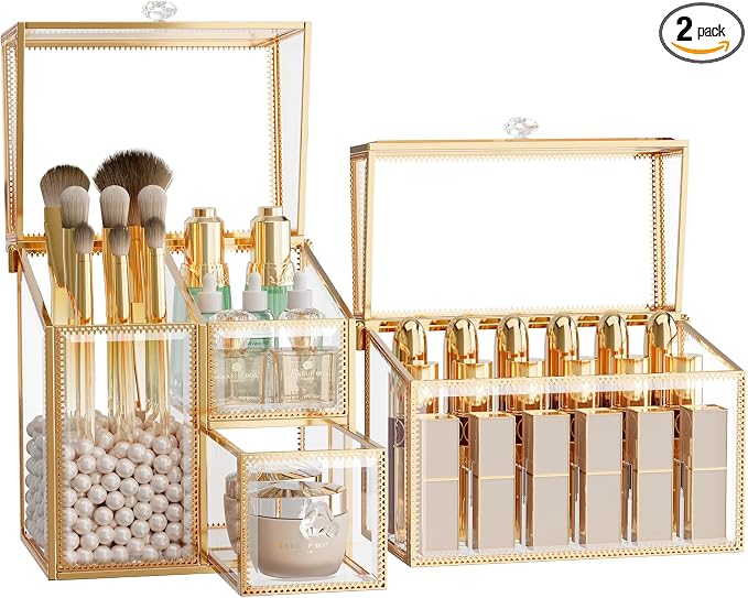 CoralHouse Makeup Brush Organizer – Vanity Organizer with 18-Slot Lipstick Organizer & Makeup Brush Holder with Lid – Skincare, Perfume & Cosmetic Storage for Bathroom or Dresser by Coralhouse
