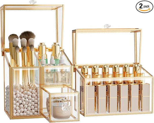 CoralHouse Makeup Brush Organizer – Vanity Organizer with 18-Slot Lipstick Organizer & Makeup Brush Holder with Lid – Skincare, Perfume & Cosmetic Storage for Bathroom or Dresser by Coralhouse