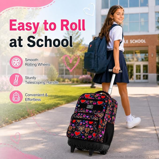 3Pcs Rolling Backpack for Girls, 19 Inche Women Roller Bag with Wheels for Adults, Wheeled Bookbag with Lunch Box(Brown) - Image 2