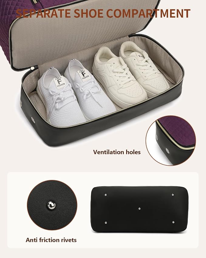 Weekender Bags for Women Travel, Under Seat Carry On Bags for Airplanes Overnight Bag with Shoe Compartment Luggage Sleeve, Foldie Travel Tote Bag Hospital Bag, Travel Gifts, Purple Black - Image 4