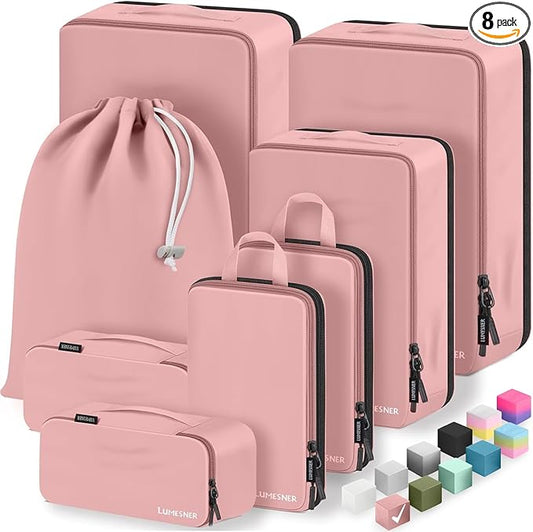 8 Set Compression Packing Cubes for Travel, Waterproof Luggage Organizers, Suitcase Organizer Set for Carry-On & Checked Baggage, Travel Accessories for Men & Women