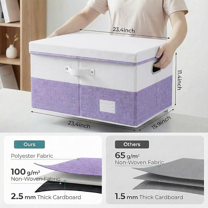 PRANDOM Storage Bins with Lids [3-Pack] Linen Fabric Foldable Storage Boxes Organizer Containers Baskets Cube with Cover for Bedroom Closet Office White&Purple (23.4X15.9X11.4) - Image 3