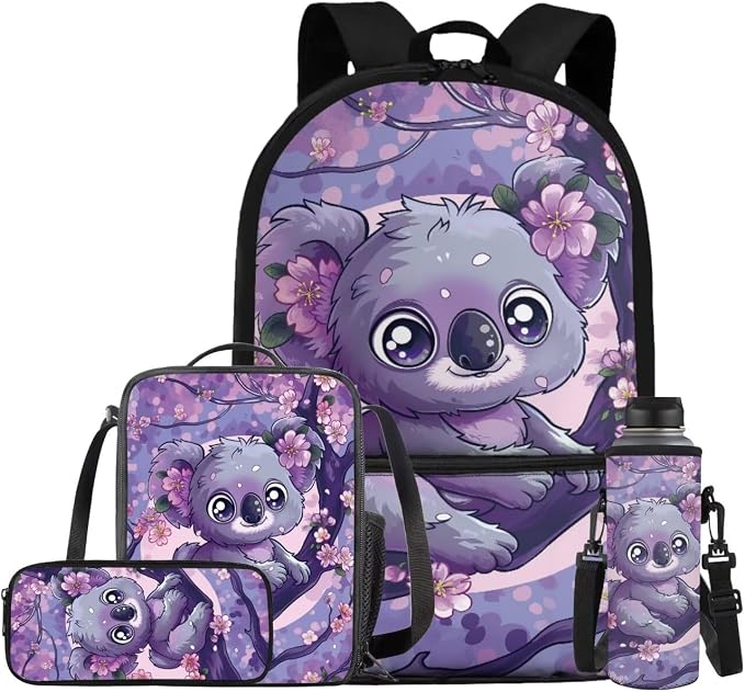Cherry Blossom Koala Backpack for Girls Kids Backpack with Lunch Box Water Bottle Holder with Strap and Aesthetic Pencil Case 4PCS Set Cute Bookbag with Front Pocket 17 inch Kawaii School Bag by ELEDIZI