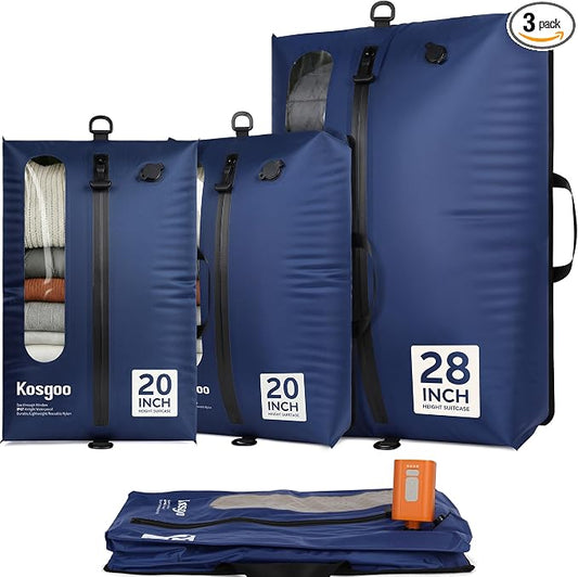 Vacuum Seal Bags for Travel with Pump, Navy, 20+20+28 | Reusable Nylon, Compression Packing Cubes, Space Saving for Carry-On Checked Suitcase & Backpack, Odor & Waterproof, 3 Pcs by KOSGOO