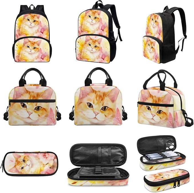 Lovely Floral Cat Backpack with Lunch Box and Pencil Case Girls Comfy Padded Cute School Backpack Set of 3 Bookbag for Student Lightweight Large Capacity Daypack - Image 3