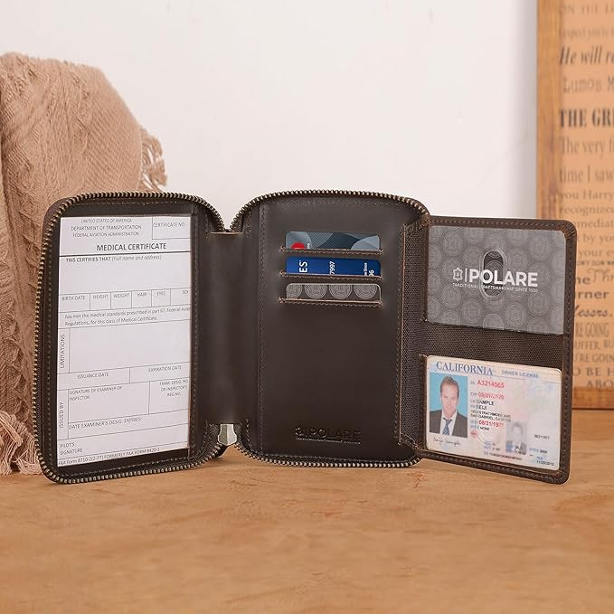 Polare Leather Pilot Wallet Passport Holder RFID Blocking Tri-fold Travel Cover Document Organizer for Aviation Professionals (Dark Brown(YKK Zipper Version)) - Image 6