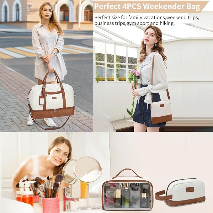 Wogarl 4PCS Weekender Bags for Women Large Overnight Weekend Travel Duffel Carry on Shoulder with Shoe Compartment Canvas Toiletry Bag for Travel Business Gym - Image 2