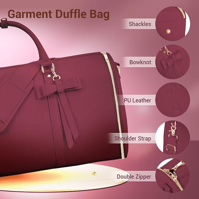 Garment Bags for Travel, Convertible Suit Travel Bag for Women, Stylish Carry On Garment Bag with Toiletry Pocket, Shoulder Strap and Shoes Compartment, 2 in 1 Foldable PU Leather Duffle Bag, Sangria - Image 4