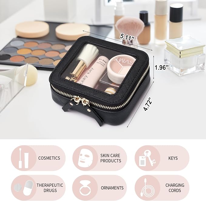 Clear Makeup Bag Set Portable Travel Cosmetic Bag and Toiletry Bag Women's Purse Pouch Cosmetic Stroage Organizer Bag with Zipper Car Essentials (Black, M+Mini) - Image 3