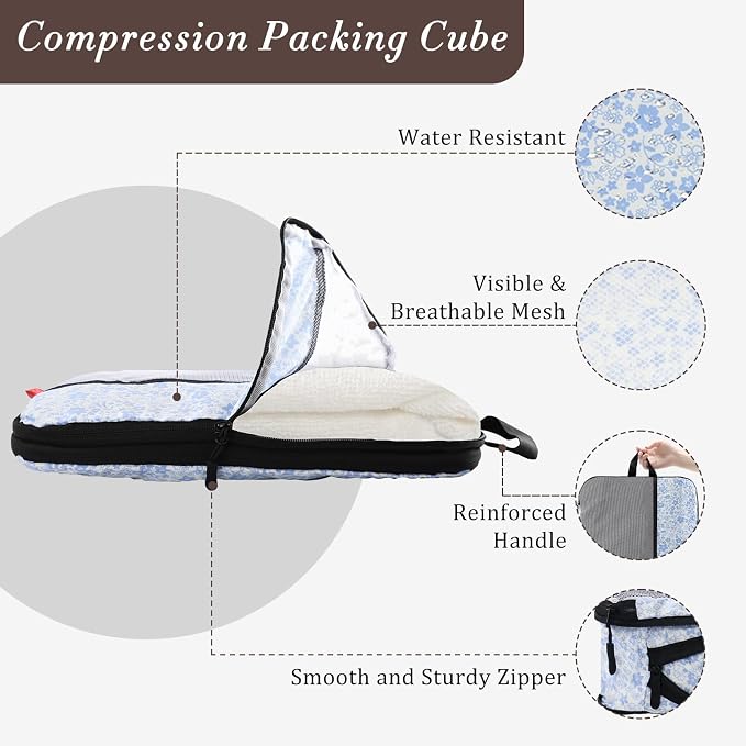 U+U 6 Set Compression Packing Cubes - Ultralight Travel Organizers with Laundry Bag, Space-Saving Suitcase Organizer for Travel, Business Trip and Family Vacation (Blue Flower) - Image 2