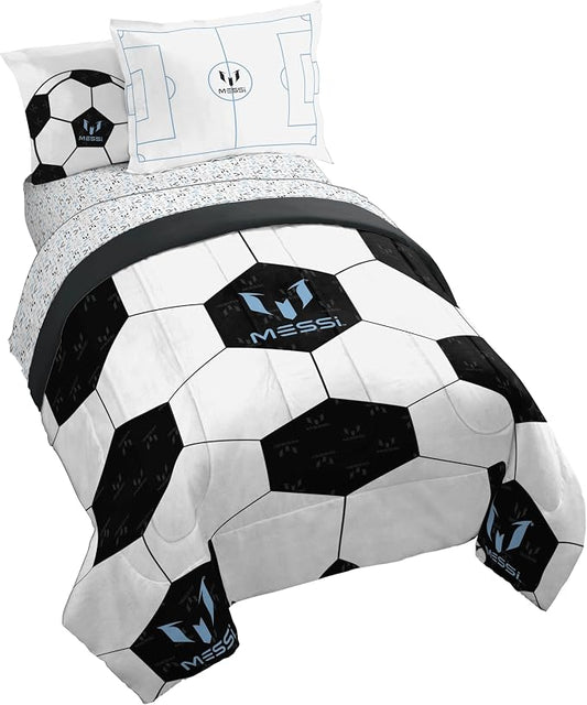 Jay Franco Kids Comforter Set Includes Sheets and Pillow Cover - Soft and Cozy Bed Set for Stylish Room Décor, White - Messi, 7 Piece Full by JayFranco