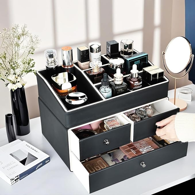 KINGFOM 2 Tier PU Leather Makeup Organizer with 3 Drawers, Cosmetic Storage Organizers for vanity Dresser Countertop and Bathroom Vanity, Beauty Holder for Lipstick Brush Skincare (Black) - Image 6