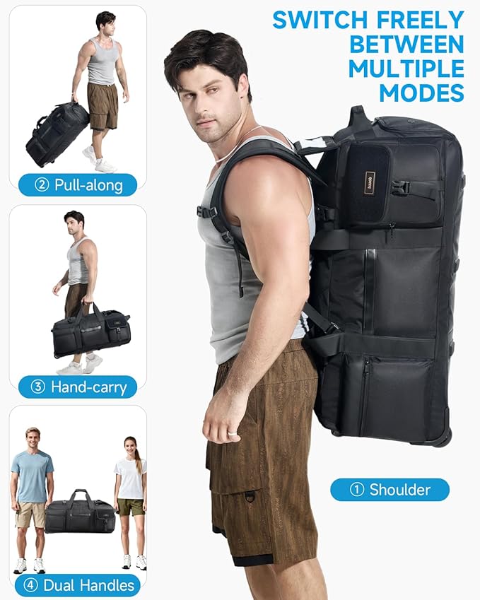 Foldable 90L Rolling Duffel Bag with Wheels, 4-in-1 Carry Water-resistant Travel Duffle with Shoe Compartment & Quick-Access Pockets, Multi-Purpose Bag for Camping, Hospital, Moving, Weekend Trips - Image 2