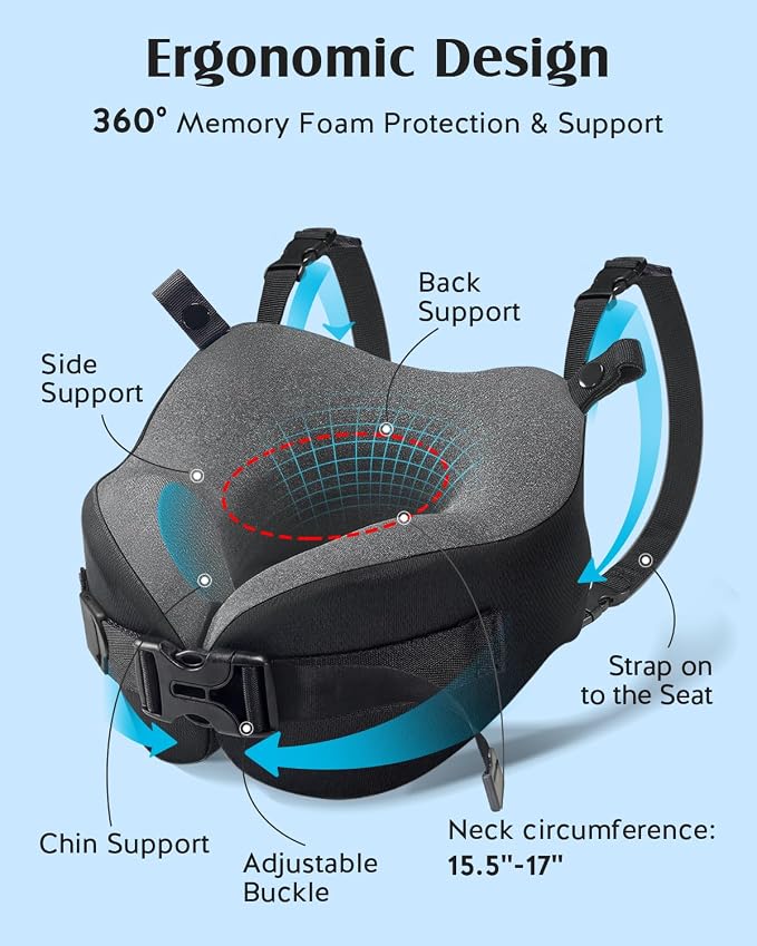 YFONG Travel Pillow for Long Flight Airplanes, Head Strap Combo with 3D Contoured Eye Mask for Sleep, Neck Pillow for Car Trip Essential, 360° Support Memory Foam Headrest, Prevent Bobbing, Blue - Image 5