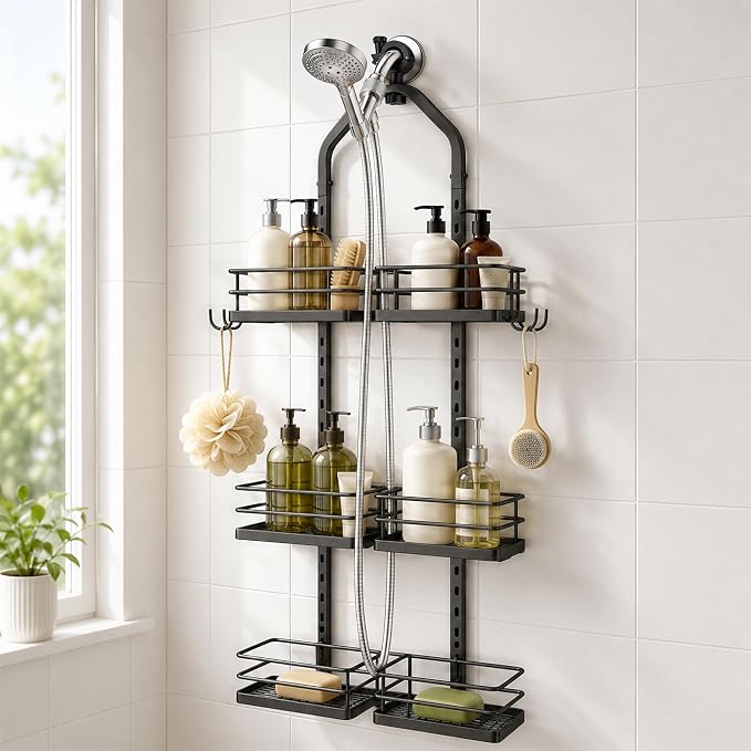 3-Tier Hanging Shower Caddy for Handheld Showerhead, Heavy-Duty Stainless Steel with Dual-Rotating Clamp, Matte Black by YTYLSJ