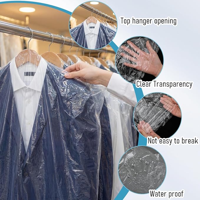 200 Pack Dry Cleaning Garment Bags, 23.6 x 47.2 Inch Plastic Dry Cleaners Bags for Hanging Clothes Dust Protection Clear Clothes Covers for Travel Moving, Home Storage (Hanger Not Included) - Image 3