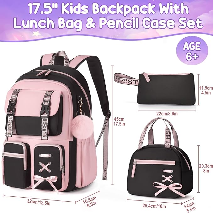 Fimibuke Backpack for Girls, 3 PCS Waterproof Girls Backpack with Lunch Box & Pencil Case, Kid Backpacks for Teen Girl Kindergarten Elementary Middle High School Student Back to School Kid Bookbag Set - Image 2