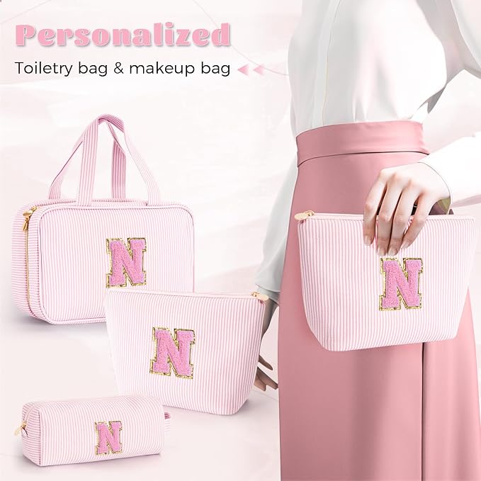 Gifts for Teen Girls Women - Travel Hanging Toiletry Bag & Makeup Bag - Personalized Initial Cosmetic Bag | Birthday Gift for Girl Trendy Stuff - Pink N - Image 4