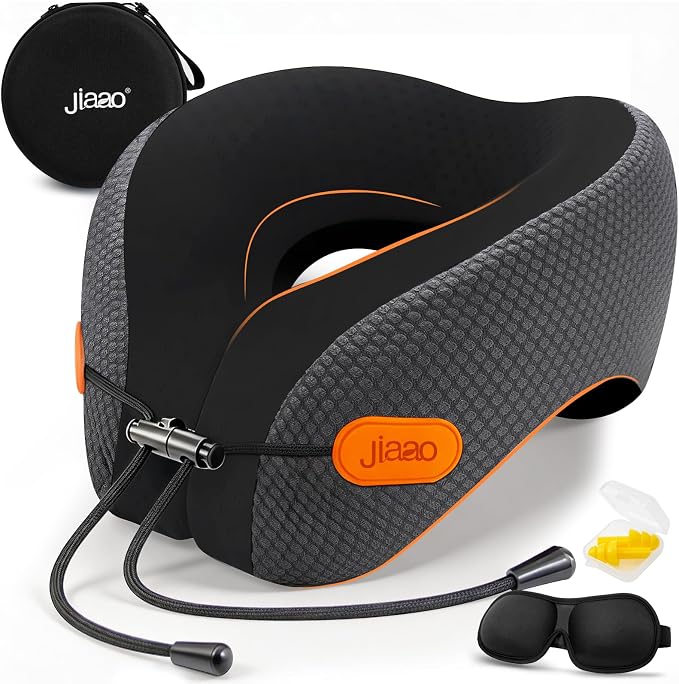 jiaao Travel Pillow Memory Foam Neck Pillow for Airplanes with Adjustable Neck Support, Includes Eye Mask, Earplugs & Storage Bag - Perfect for Flights, Road Trips, and Trains by jiaao