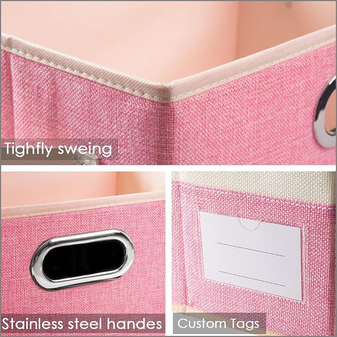 PRANDOM Collapsible Storage Bin with Lid [3-Pack] Fabric Foldable Storage Box Organizer Container Basket Cube with Cover for Home Bedroom Closet Office Nursery Pink&Cream(14.9x9.8x9.8) - Image 3