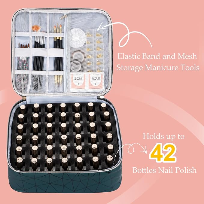 Uross Nail Polish Organizer Bag Holds 42 Bottles Nail Polish & Nail Lamp, Gel Nail Polish Organizers and Storage box for Nail Tech, Nail Kit Supplies Organizer Case - Darkgreen - Image 2