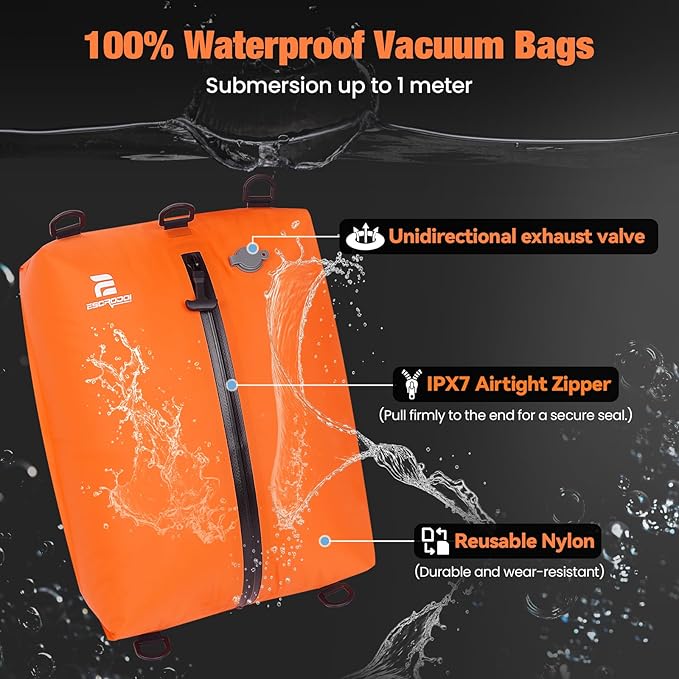 3 Pack Vacuum Bags for Travel with Pump, 3-Size Set Reusable Vacuum Compression Bags for Luggage, Space Saver IP67 Waterproof Vacuum Packing Cubes for Suitcase&Backpack, Orange - Image 4