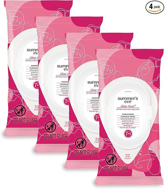 Summer's Eve Sheer Floral Daily Refreshing Feminine Wipes, Removes Odor, pH balanced, 32 Count, 4 Pack