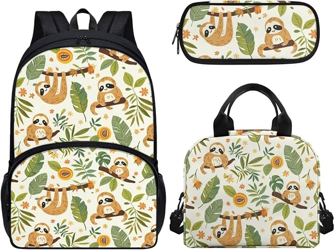 Sloth Backpack for Kids, Girl Cute Backpack School Bookbags with Insulated Lunch Box Pencil Case 3 in 1, Lightweight Backpack for Travel by CndexdWearfunPrintjoy