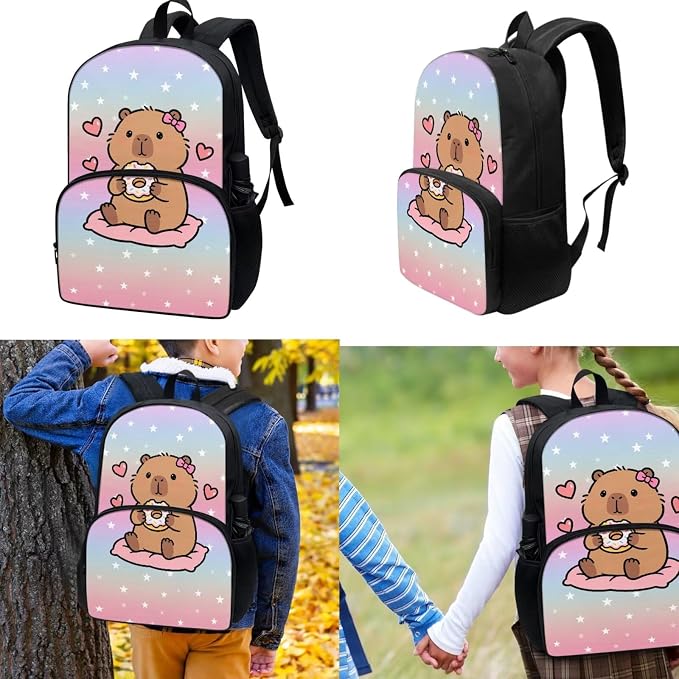 Capybara Donuts Backpack for Kids, Girl Cute Backpack School Bookbags with Insulated Lunch Box Pencil Case 3 in 1, Lightweight Backpack for Travel - Image 2