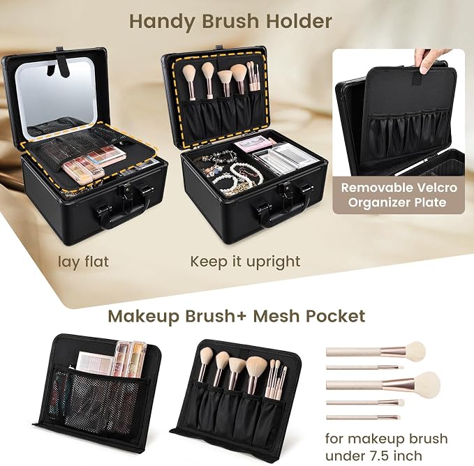 Faquenc Makeup Case with Lighted Vanity Mirror, Makeup Organizer Box Travel Make up Case with LED Mirror Portable Cosmetic Train Case for Countertop Lockable Makeup Suitcase with Adjustable Dividers - Image 4