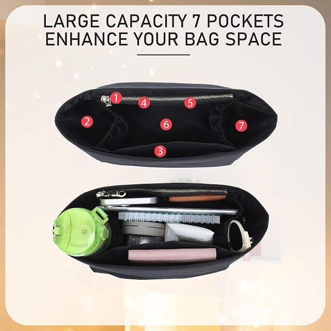 Soft Nylon Purse Organizer Insert for Longchamp Le Pliage Original S Handbag, Lightweight Luxury Long Champ Small Handbag with Cup Holder,Zipper Bags Inner Linner with 7 Deepened Pockets,S/Black - Image 3