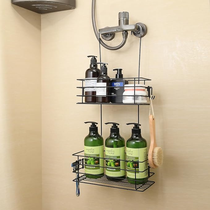 Shower Organizer Hanging Shower Caddy with Rotatable Hook bar Over the Door and Can be Hung on the Faucet or Claw Foot, Stainless Steel Rust Proof and Durable （Black） - Image 3