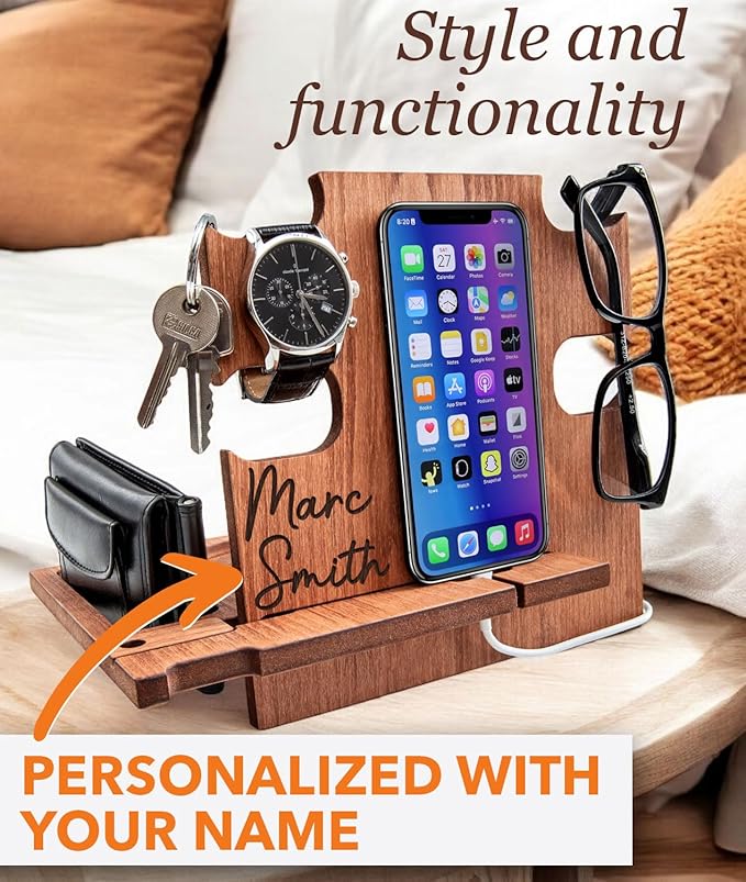 Greta Oto Gifts for Men, Personalized Wood Phone Docking Station for Men,Nightstand Organizer for Him, Phone Stand, Best Personalized Gift idea for Anniversary,Birthday,Graduation