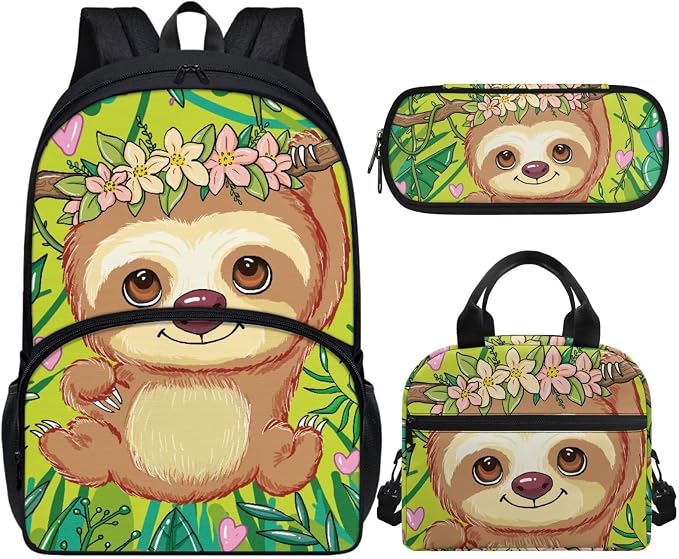 Sloth Girls Bookbag Kids Backpack for Girls Elementary Kindergarten Preschool School Bag with Lunch Bag and Pencil Box Set 3-in-1 Casual Daypack by Vanideaoty