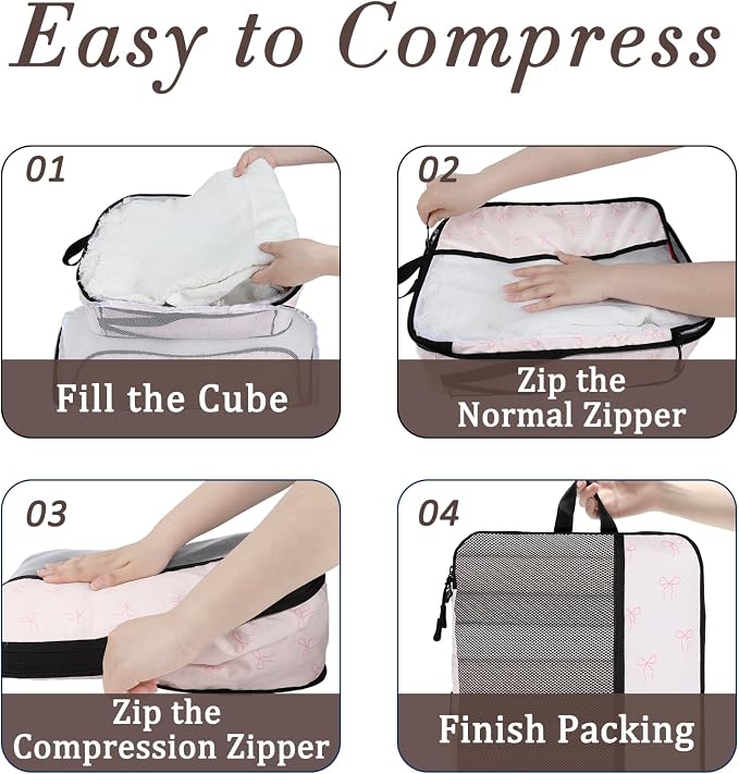 U+U 4 Set Compression Packing Cubes - Ultralight Travel Organizers, Space-Saving Suitcase Organizer, Expandable Packing Cubes for Travel, Business Trip and Family Vacation (Pink Bow) - Image 4