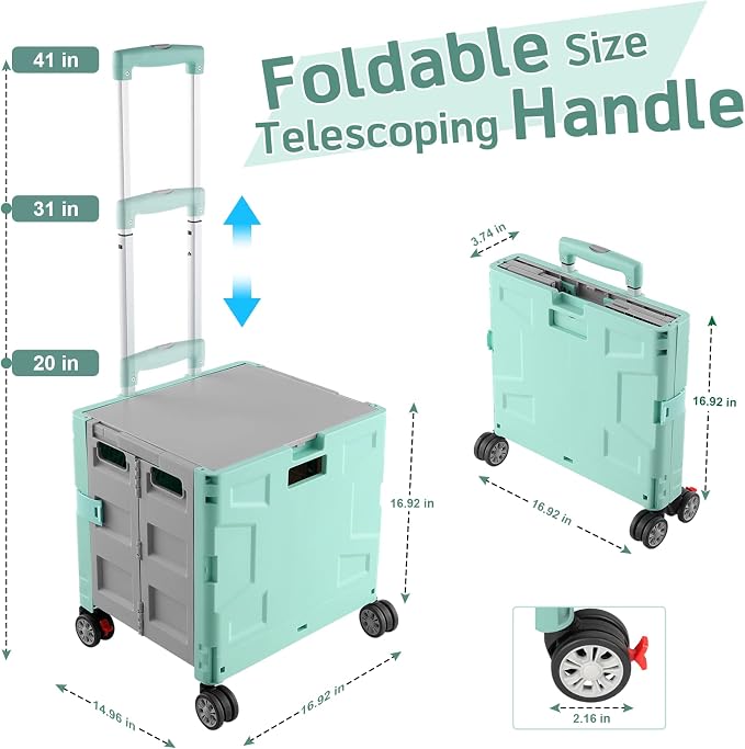 FELICON Folding Utility Cart Rolling Crate Handcart Basket Tote-Green+Gray | Collapsible Hidden Lid,Plastic Box,Telescoping Handle,4 Rotate Wheels for Travel Shop Move Grocery Laundry Office Teacher Use - Image 3