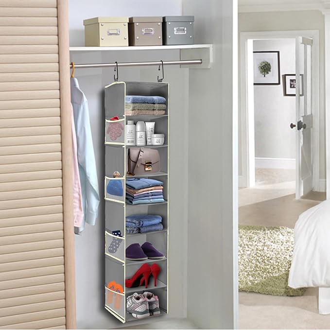 Large-Sized Hanging Shoe Organizer 8-Shelf, Hanging Closet Organizer with 8 Side Pockets, Wider Hanging Shelves for Storage Shoes Clothes 9" W × 11.8" D× 48" H, Grey - Image 2
