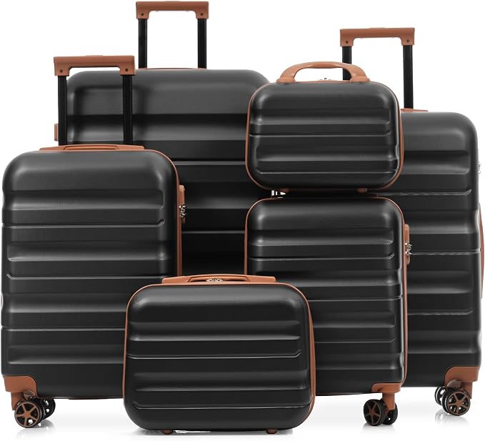 Black Brown 6 Piece Luggage Set Hard Shell - Expandable Suitcases with Spinner Wheels and Small Cases for Family Travel, Durable Carry On Luggage Sets with Lock for Women and Men - Image 8