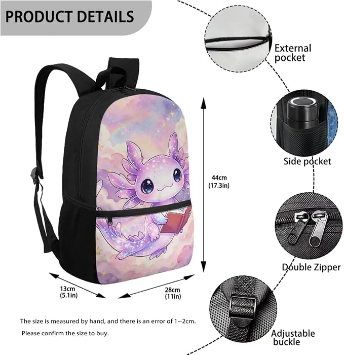 Book‑Reading Axolotl Girls School Backpack Set, 17'' 4-Piece Bookbag with Insulated Lunch Box, Pencil Case & Water Bottle Holder, Cute Schoolbag for Kids Age 6-12, Elementary Grade 1-6 - Image 3