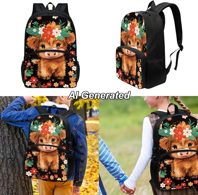 Cow Girls Backpacks for Elementary School Cute Floral Bookbag for Kids 3 Piece School Bag Set with Lunch Box and Pencil Bag Aesthetic for Boys - Image 2