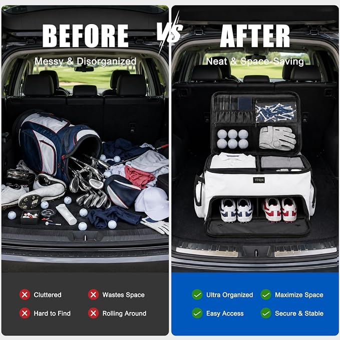 Golf Trunk Organizer with Separate Ventilated Compartment for 2 Shoes | 2 Layer Storage, Up To Us Men'S 16, Waterproof Side Pocket, Golf Car Storage for Balls, Tees, Cap, Clothes, Gloves - Image 5