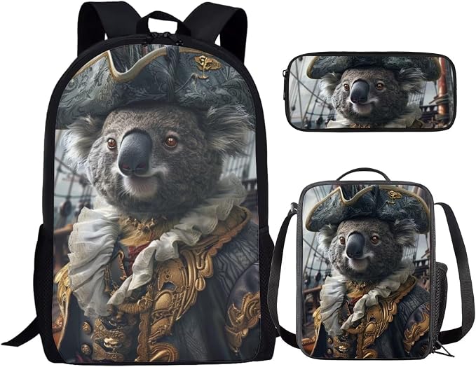17 Inch Animal Print School Backpack And Lunch Box Set for Kids Lightweight Funny Pirate Koala Backpack for Boys Girls Sturdy School Bag with Insulated Lunchbox Pencil Case Student Bookbag by Parprinty